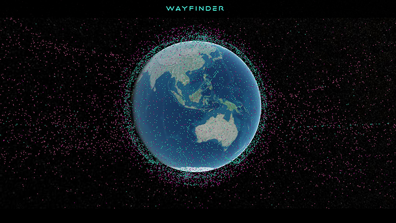 Debris data visualisation from Wayfinder showing green and pink dots mapped over Earth